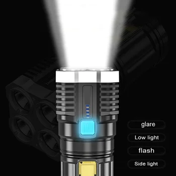 4 Core Super Spožu Lukturīti, Uzlādējams Āra Multi-funkciju, LED lielos attālumos Uzmanības centrā Akumulators Displejs COB Gaismas
