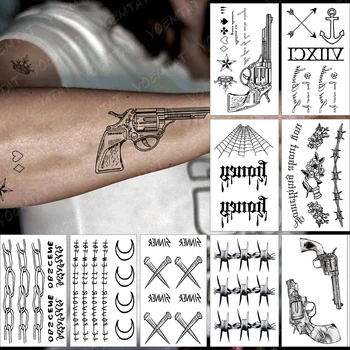 Ūdensnecaurlaidīgus Pagaidu Tetovējumu Uzlīmes Mazo Pistoli Star Vainagu Teksta Flash Tetovējums, Nagu Ērkšķiem Rokas Viltus Tatto, Lai Body Art Sievietes Vīrieši