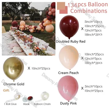 134pcs Ruby Red Kāzu Balonu Vainags Arch Rotājumi Putekļainās Rozā Ballon Arku Komplekts Zelta Globos Dzimšanas dienas svinības Backdrops Supplie