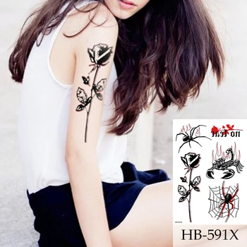 1Sheet Melnā Roze Spider Ūdensnecaurlaidīgus Pagaidu Tetovējums Ziedu Sieviešu Modes Tetovējumiem Roku Piedurknēm Viltus Tetovējums Meitenes Bērniem