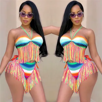 2020. gada Vasaras Pludmales Tērpiem Sexy 2 Gabals, kas Sievietes Pavada Pušķis Vīles Apgriešanas Bikini Topi un Bikses Kopa Boho Beachwear Divas Gabals, kas