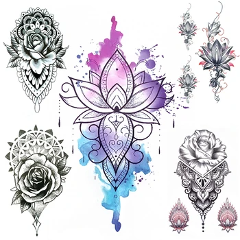 Akvarelis Lotus Viltus Pagaidu Tetovējumiem Sievietēm DIY Mandala Henna Rožu Ziedu Tetovējums Krūtīm, Rokām Mežģīnes Ūdensizturīgs Kuloni Tetovējums