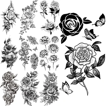 Black Dahlia Tauriņš Pagaidu Tetovējumiem Sievietēm, Vīriešiem Reāli Čūska Rose Puķu Viltus Tetovējumu Uzlīmes, Ķermeņa, Kāju Tatoos Radošo