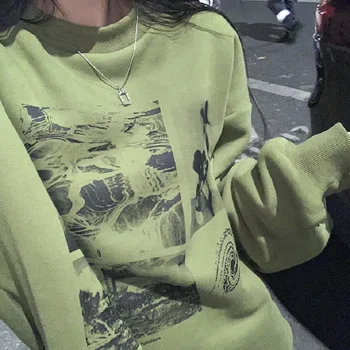Deeptown korejiešu Stilā, Drukas Zaļā pelēkā vārna Sievietes Lielajam sporta Krekls Sieviešu Harajuku Fashion garām Piedurknēm Džemperis O-veida kakla Tracksuit