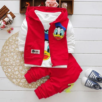 Disney Nosaka Jaunus Donald Duck Zēnu Apģērbu Komplekti Bērniem Rudens Raksturs Krekls +Bikses+ Veste 3 Gab Uzvalks Bērnu Apģērbu Komplekts