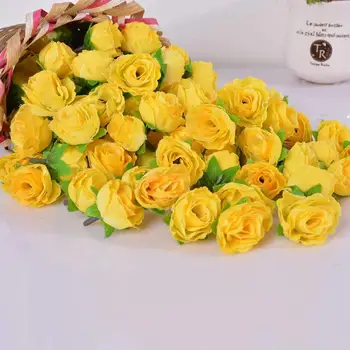 Dzeltena Auduma, Zīda, Mākslīgā Rožu Ziedu Galvas, dekoratīvs Iepakojums 50gab