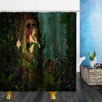 Džungļu Ainavas Dušas Aizkari Ziedu Pasaku Ziedi Augu 3D Ūdensizturīgu Poliestera Audumu, Vannas istabas Dekori Aizkari Ar Āķi