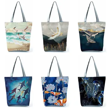 Japāņu Ukiyo Dizaina Somas Delfīnu Iespiesti Pleca Soma, Jauns Dzīvnieku Modes Tote Videi Draudzīgu Iepirkumu Maisiņu Portatīvo Pludmales Soma