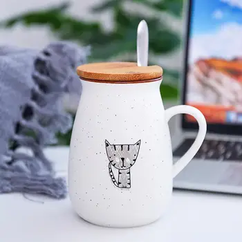 Jauki Kaķēni Kafijas Krūze Ar Koka Vāku un Karoti Radošā Keramikas Piena Tējas Ūdens Cup Krūze Drinkware Dzimšanas dienas Dāvana