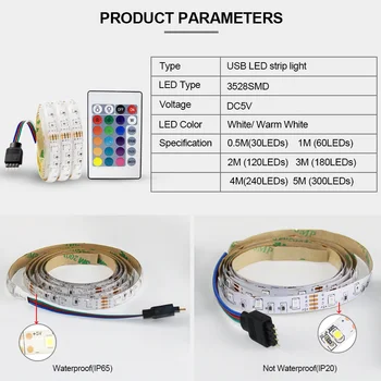LED Lentes RGB Ūdensizturīgs USB 5V Lentas Led Stripe RGB / balta / Warm White TV Apgaismojums 1M 2M 3M 4M 5M Elastīgs Led Sloksnes Gaismas