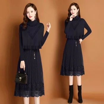 Modes Kleita, Uzvalks Sieviešu Rudens Ziemas korejas Augsta Vidukļa O-veida kakla Mežģīnes Adīta Kleita + Veste Plus Lieluma divdaļīga Tērpi Sievietēm X111