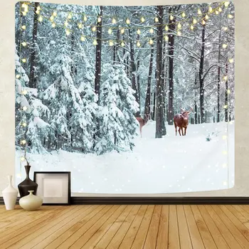 Priecīgus Ziemassvētkus Gobelēns Briežu Sienas Gobelēns Sniega Mežu, Mežu Ziemas Dabas Ainava Gobelēni Par Xmas Mājas Apdare