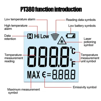 PT380 Bez Kontakta Infrasarkanais Termometrs Digital -50~380℃ Virtuves IS Lāzera Temperatūras Mērītājs Rokas Pyrometer Datu Turēt