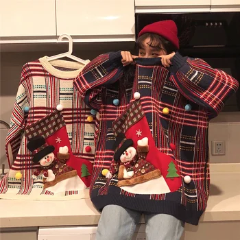 Sieviešu korejas Ziemas Sniegavīrs Ziemassvētku Džemperi Džemperi Sieviešu Džemperis Lielgabarīta Adītu Sarkanu Džemperi ar garām Piedurknēm O-veida kakla Topi