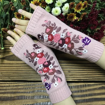 Sieviešu Rudens Trikotāžas Roku Darbs Izšūšana Izšūti Cimdi Butterfly Ziedu Vidū Ilgi Pusi Pirkstu Siltā Vilnas Ziemas Cimdi