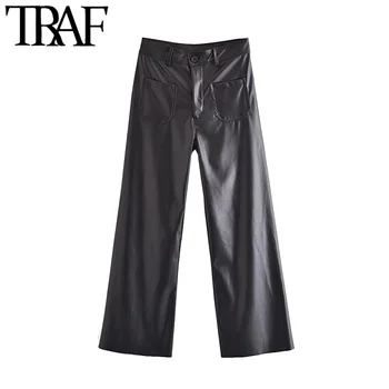 TRAF Sieviešu Modes Plāksteris Kabatām, Mākslīgās Ādas Taisni Vintage Bikses ar Augstu Vidukli Rāvējslēdzēju Lidot Sieviešu Bikses Mujer
