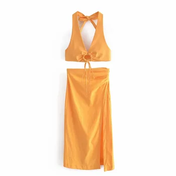 Xikom 2021. gadam, Sievietēm, Jaunas Vasaras Divi-Vintage Gabals, kas Elastību, Dzeltena Slim Pavada Top Sieviete Streetwear Augsta Vidukļa Sadalīt Svārki Komplekts