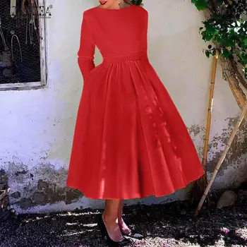 ZANZEA ir 2021. Sievietes Kleitu Elegants Pavasara Rudens Midi Kleitas Gadījuma Cietā garām Piedurknēm Sundress Lielgabarīta Sieviete-line Puse Drēbes