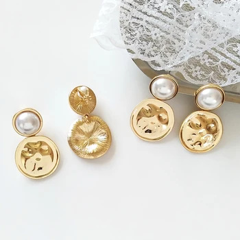Ģeometrisko Zelta Krāsā Monētas Mākslīgas Pērles Auskari Sievietēm Līgava Kāzu Modes Rotaslietas Dubultā Kārtā Disco Sakausējuma Piliens Auskari