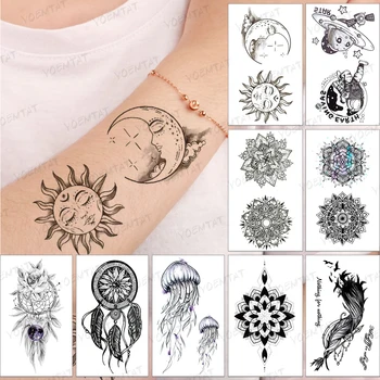 Ūdensnecaurlaidīgus Pagaidu Tetovējumu Uzlīmes Mēness-Saules Gudrs Līnijas Kārtā Melnā Tatto Roku, Roku, Kāju Tetovējums, Sieviete, Vīrietis, Bērns Viltus Tetovējumiem
