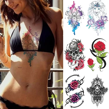 Ūdensnecaurlaidīgus Pagaidu Tetovējumu Uzlīmes, Akvarelis, Ziedu Henna Flash Tetovējumiem Sirēna Rožu Totem Body Art Roku Viltus Tetovējums Sievietes Vīrieši
