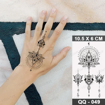 Ūdensnecaurlaidīgus Pagaidu Tetovējumu Uzlīmes Melnā Henna Mežģīnes Arābijas Lotus Totem Ziedu Flash Tetovējums Sieviete Pirkstu Body Art Viltus Tatto Vīrietis